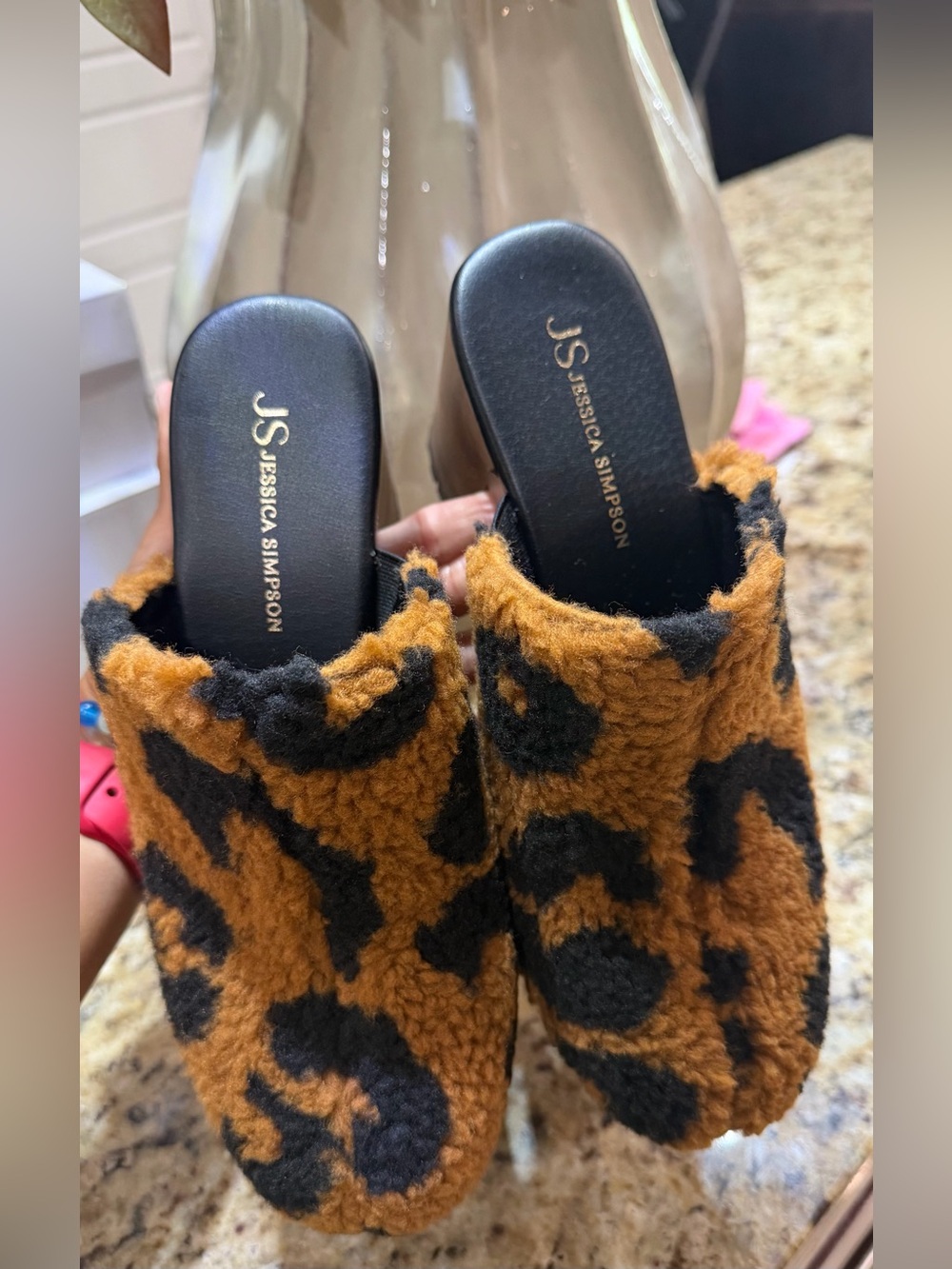 Jessica Simpson Brown & Black Faux-Sherpa Leopard Slide Mules